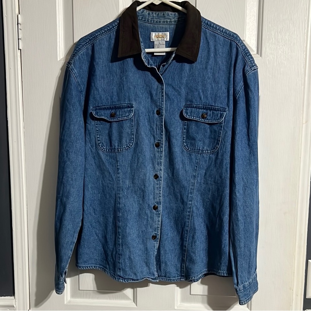 Talbots Denim Button-down Top with Brown Suede/Microfiber Collar women’s XL